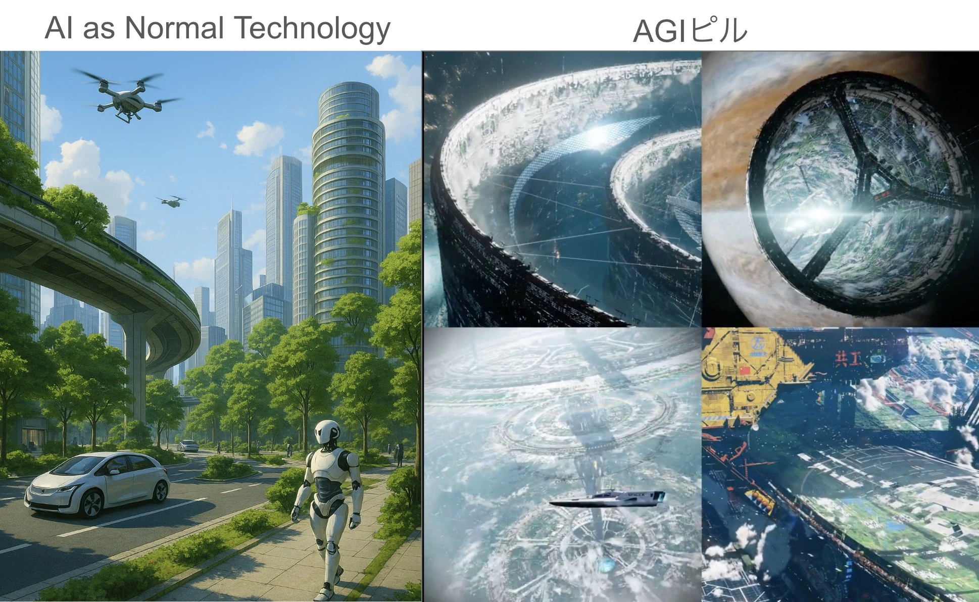 左に緑豊かな近未来都市、右に宇宙規模の巨大構造物を並べ、AI as Normal TechnologyとAGIピルの未来像を対比した画像