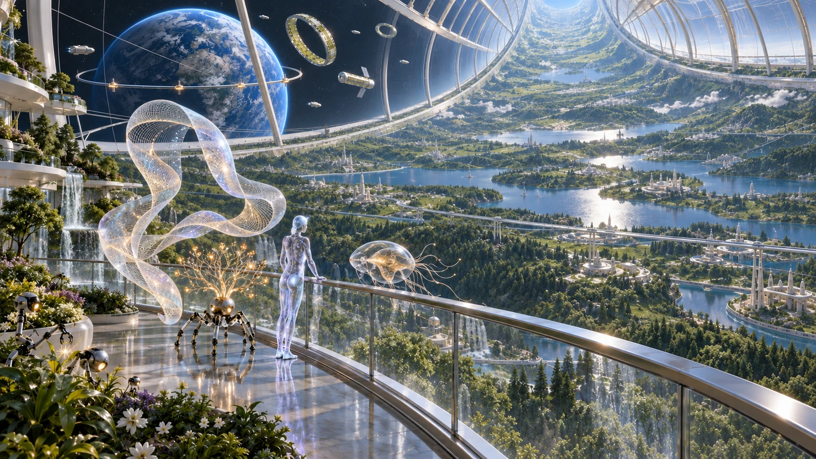 地球を望む巨大な宇宙居住空間に、森林や湖、都市が広がり、ロボットが活動する産業爆発後の未来風景